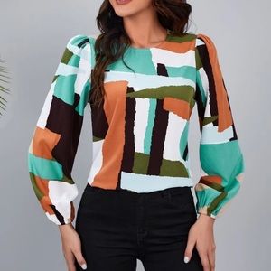 Emery Rose Patchwork Bishop Sleeve Blouse